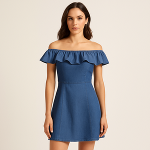 Elegant Breathable Digital Printed Denim <b>Dresses</b> Women's Denim Look Mini <b>Dress</b> | 100% Polyester | Casual Short <b>Dress</b> for <b>Summer</b> - Product Image 1