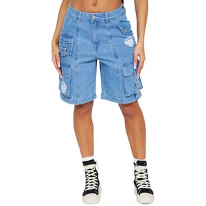 กางเกงยีนส์ขาสั้นทรงคาร์โก้สไตล์วินเทจสำหรับผู้หญิง เป็นมิตรกับสิ่งแวดล้อม เอวสูง กระเป๋าหลายช่อง ทรงเข้ารูป สีอ่อน ลุคทันสมัย เหมาะสำหรับฤดูร้อน สวมใส่สบาย - Product Image 1