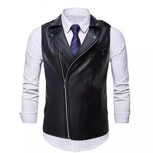 Gilets en cuir PU pour hommes gilet à fermeture éclair à la mode solide col rabattu Moto Biker vestes sans manches gilet en cuir décontracté pour hommes - Product Image 1