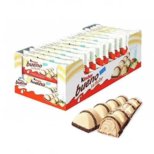 Kinder Bueno White Bars, Schachtel mit 30 weißen Schokoladen-, Haselnuss-und Waffel riegeln