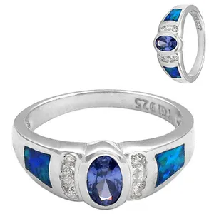 Bague pour femme en argent 925 avec opale bleue et tanzanite, coupe ovale, pierre naturelle, plaquée rhodium, certifiée IGI, pureté 14K, bijoux cadeau - Product Image 1