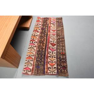 Tapis vintage turc en laine écologique à poils moyens, 2,4 x 4,4 pieds, marron beige, design patchwork, grand rectangle, avec envers en latex - Product Image 1