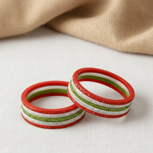 Tricolor Stone-Studded Lac Fashion Bangles Set <b>Red</b> Green & Silver - Product Image 1