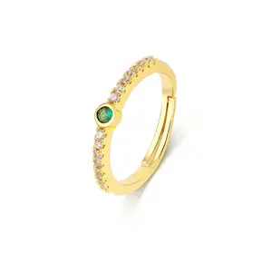 Trendy gold plated Thin Green zircon half pave adjustable open rings