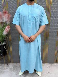 <b>Men's</b> Gray Cotton <b>Thobe</b> Short Sleeve Round Neck Embroidered Ethnic Regular Fit Breathable Floor Length Daily Wear Islam Style - Product Image 3