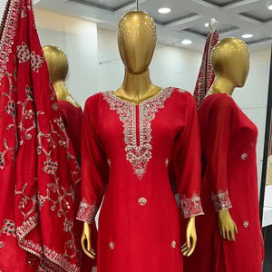 Último diseñador nuevo desgaste de fiesta pura seda Chinon hermoso hilo bordado secuencia trabajo superior e inferior con Dupatta - Product Image 1