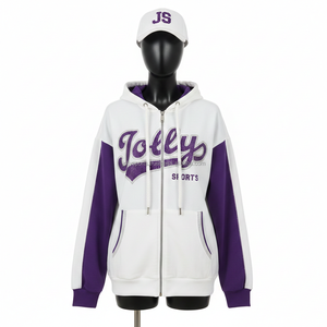 Sweat à capuche zippé pour femme de haute qualité, coton 330 GSM, deux tons, manches violettes et blanches, avec logo brodé personnalisé, fermeture éclair, sweat-shirts basiques - Product Image 1