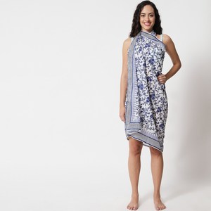Blue Cotton Sarong Beach Wrap with Buckle/<b>Clip</b> Silk Screen Printed Pareo Dress Summer Swimwear Cover-Up for Women Long Scarf - Product Image 4