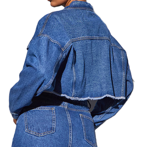 Mi bleu lavage 100% coton rigide Denim veste femmes dames en cuir pull bouton basique brut Denim jean usine en gros hiver - Product Image 2
