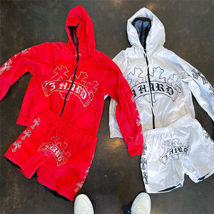 Survêtement respirant à taille haute en polyester 100% personnalisé coupe-vent à fermeture éclair veste à capuche short cargo à fermeture à cordon - Product Image 1