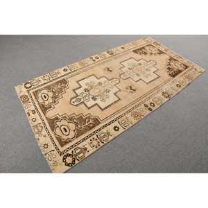 3.3x6.7 ft Rug, Vintage Turkish Rug, <b>Brown</b> Check <b>Wool</b> Rug - Product Image 4