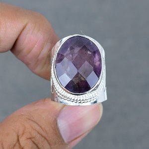 แหวนพลอยอเมทิสต์ทองเหลืองทรงรีชุบเงินสเตอร์ลิงทำด้วยมือจาก925ทันสมัย - Product Image 1