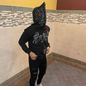 Personalizado de alta calidad 100% algodón Full Zip Up Hoodies invierno Goth Oversized Hoodies Unisex Streetwear Rhinestone Hoodies - Product Image 3