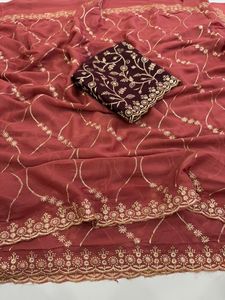 Hermoso Sari de Seda Georgette para Mujer con Bordado, para Bodas y Fiestas en India - Product Image 4