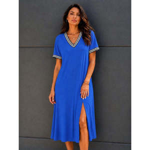 Women's Short-Sleeved V-Neck Midi-Length <b>Viscose</b> <b>Dress</b> with Slit, 37806 - Saks Blue - Product Image 3