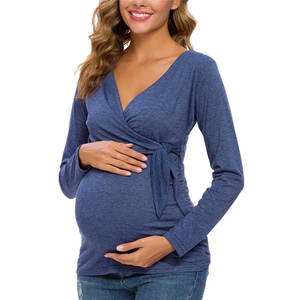 Cravate avant hauts femmes vêtements de maternité à manches longues col en V allaitement grossesse enveloppement coton chemise doux allaitement Blouse - Product Image 1