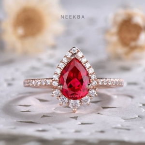 6*8 mm Pear-Shaped Lab-Grown Ruby 10K Solid <b>Gold</b> <b>Ring</b> Halo Half Eternity <b>Vintage</b> <b>Ring</b> Handmade Ruby Engagement <b>Ring</b> From India - Product Image 3