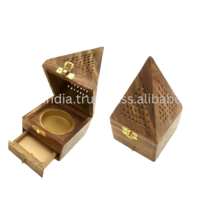 Soporte de incienso de madera hecho a mano Forma de pirámide natural con caja de almacenamiento para conos de incienso (decoración ecológica para el hogar) - Product Image 1