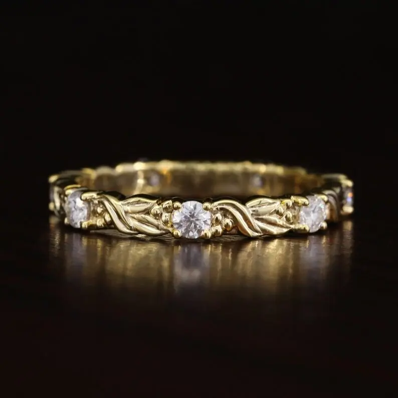 女性用結婚指輪14Kイエローゴールドスタッキングマッチングダイヤモンドヴィンテージスタイルアールデコウェディングバンド