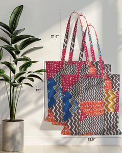 Bolsa de Mano de Algodón Estampada con Diseño de Parches Multicolores en Zig Zag, Ecológica, Reutilizable, para Uso Diario, Compras - Product Image 1
