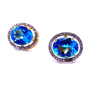 ต่างหูเงิน Vermeil สเตอริ925คลาสสิกพลอยบุษราคัมอัญมณีเพชรชุดครบรอบแต่งงานของผู้หญิงกระดุมชุบทอง - Product Image 3