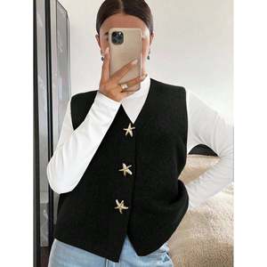 Women's Vintage Star-Button V-Neck Worsted <b>Knit</b> Single Breasted Vest Short <b>Waistcoat</b> Outerwear - Product Image 1