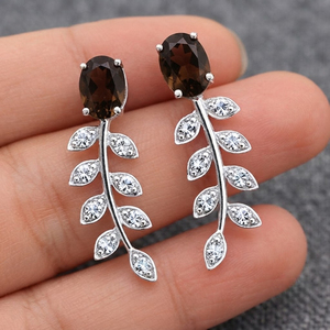 Modernos Pendientes Colgantes de Hoja con Cuarzo Ahumado y Circonita Cúbica para Mujer, Plata de Ley Fina con Baño de Rodio, para Aniversario o Compromiso - Product Image 2