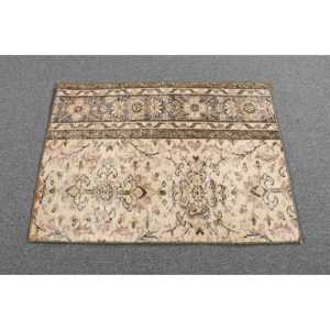 Vintage Small Rug 2x2.8 ft, <b>Brown</b> Abstract Turkish <b>Wool</b> Rug - Product Image 3