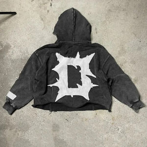 Sudadera con capucha recortada de algodón 100% al por mayor para hombre, borde cortado desteñido al sol, lavado ácido, dobladillo crudo, parche desgastado, apliques lisos teñidos para - Product Image 6