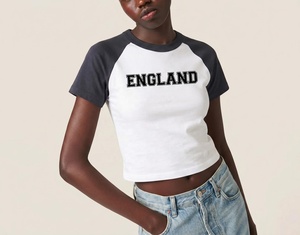 Women's France Printed American Raglan Sleeve Crop <b>Top</b> Crew Neck Short Sleeve Slim Fit Preppy Style Spring Summer White Cotton - Product Image 5