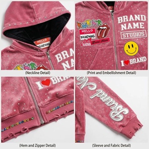 Custom Distressed <b>Embroidery</b> Zip up Rhinestone Graphic Hoodie Sweatpants Acid Wash Mens Hoodies Sweatshirt <b>Sets</b> Tracksuit - Product Image 5