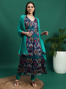 Ensemble d'été pour femmes, kurta Anarkali à manches longues et col en V, broderie bleue élégante, pantalon palazzo et dupatta - Product Image 5