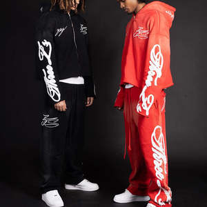 Chándales lavados Vintage de peso pesado, ropa de calle, chándal, parche bordado con logotipo personalizado, conjuntos de dos piezas con capucha y pantalones de chándal para hombre - Product Image 2