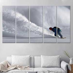 Toile imprimée : Art sur verre sur le thème de l'hiver, scène de snowboard en descente, toile enveloppée 5P - Product Image 1