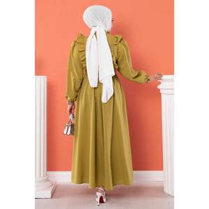 Robe modeste à l'huile verte vintage Détails à volants Plis simples Imprimé Coton Soie Tissé pour la saison quotidienne des fêtes islamiques-Été - Product Image 5