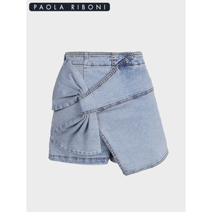 Paola Riboni Women's Straight Denim Skirt High Waist Asymmetric <b>Wrap</b> Tie Washed Light Wash Summer Streetwear Style - Product Image 3