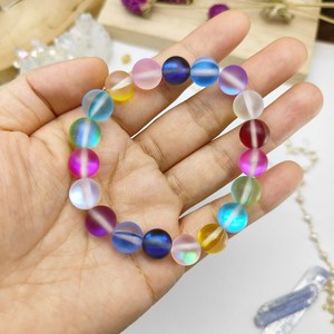 Rainbow Iridescent Mermaid Glass <b>Bracelet</b> 10mm Mystic Aura Beads Holographic Stretch Summer Jewelry for Women - Product Image 3