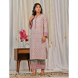 Conjunto de Kurta y Pantalón de Algodón Blanco con Estampado a Bloques para Uso Diario - Product Image 4