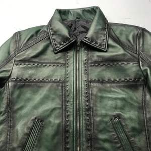 This is a <b>men's</b> distressed <b>green</b> leather <b>jacket</b> with a shirt-style collar, front zipper closure, and stitch detailing - Product Image 3
