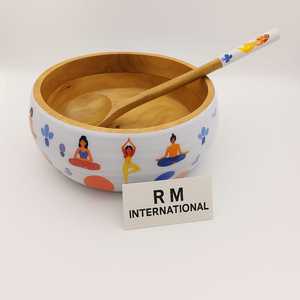 Premium Quality Enamel Printed Handcrafted <b>Mango</b> <b>Wood</b> Fruit <b>Bowl</b> Tray Minimal Serving Decorative Salad <b>Bowl</b> Spoon Set - Product Image 1