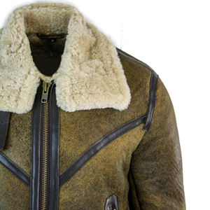 <b>Men's</b> Genuine <b>Sheepskin</b> Leather Bomber <b>Jacket</b> with Stand Collar Vintage <b>Jacket</b> with <b>Sheepskin</b> Lining - Product Image 4