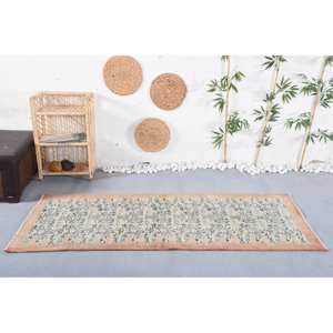 Vintage Blue Beige Floral Turkish <b>Rug</b> <b>Large</b> Area 3.1 X 7.1ft Wool PP Rectangle Patchwork Design <b>for</b> <b>Living</b> <b>Room</b> Hallway Latex - Product Image 1