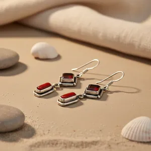 Boucles d'oreilles pendantes géométriques avec incrustation de corail rouge, plaqué argent antique, style vintage pour femmes, bijoux de mariage - Product Image 2