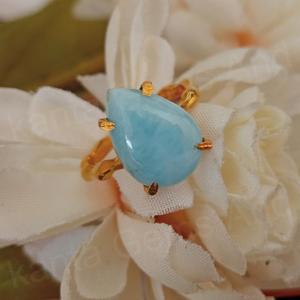 แหวนเงินแท้ประดับลาร์ิมาร์แคริบเบียนธรรมชาติสำหรับผู้ชาย ขนาด 10x14 มม. ประดับเพชรซิร์คอน ชุบโรเดียมและทอง 22K รูปทรงหยดน้ำแบบหนามเตย - Product Image 5