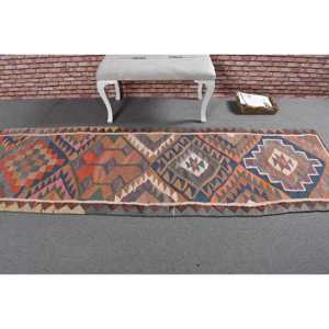 พรมวินเทจตุรกี, พรมคิลิมขนาด 2.9x8.7 ฟุต, พรมขนสัตว์ลายพรางสีน้ำเงินส้ม - Product Image 3