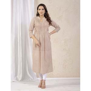 Kurti Recto Estampado en Color Crema Marrón, Vestido Indio Anarkali de Seda Georgette con Salwar Estilo Pakistaní para Fiestas Étnicas - Product Image 3