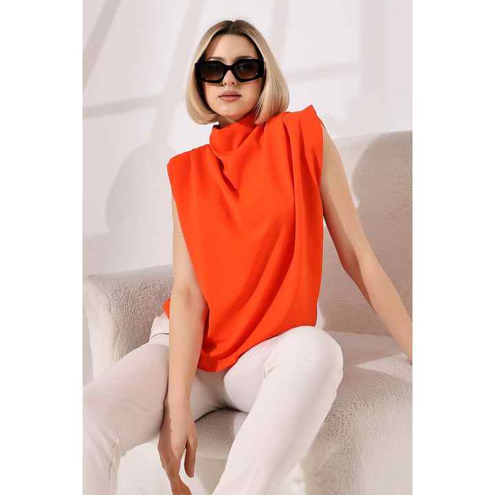 Women's Plunging Neckline Padded Shoulders and Loose Blouse