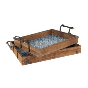 Plateaux de service de luxe en bois naturel avec poignées Organisateur de petit-déjeuner en aluminium et plateau d'artisanat décoratif - Product Image 2