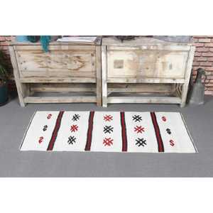 Tapis turc, petit tapis vintage 1,8x4,4 pieds, tapis en laine abstrait blanc et rouge - Product Image 2