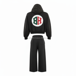 High quality 370 GSM warm <b>brushed</b> fleece cotton polyester black tracksuit hoodie and jogger set custom logo Tracksuit - Product Image 2